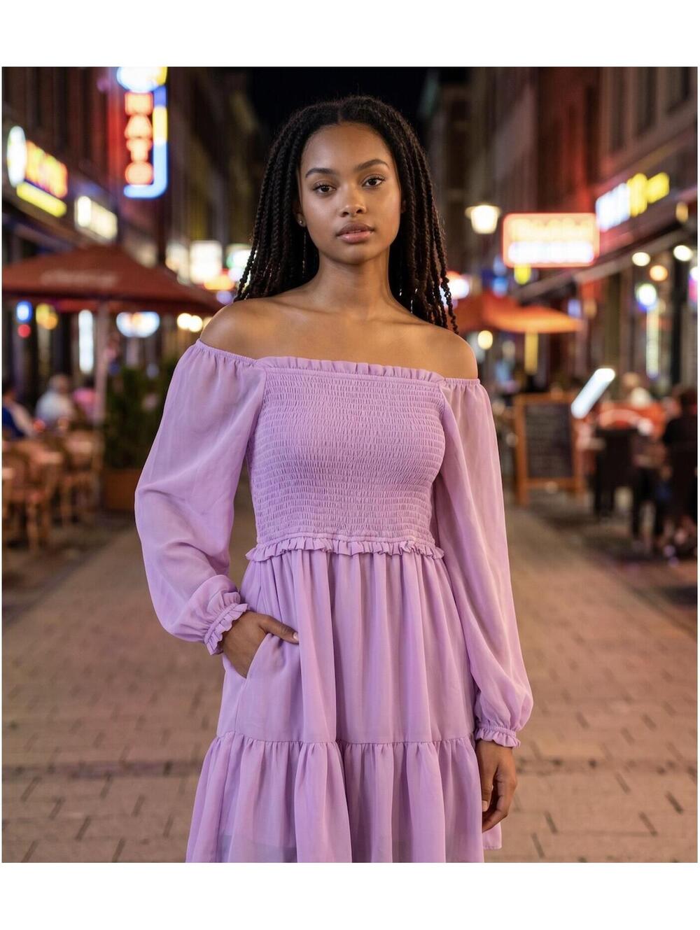 MSK Lavender Smocked Bodice Dress with Puff Sleeves‎